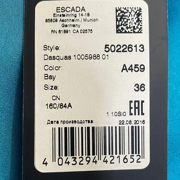 Escada Sheath Dress Knee Length Short Sleeve Teal Blue $1075 MRSP NEW Womens 6